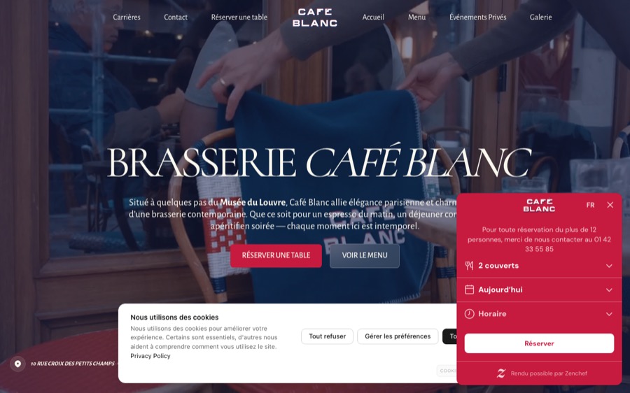 Aperçu du site web de la brasserie Café Blanc à Paris 1er créé par Softbird
