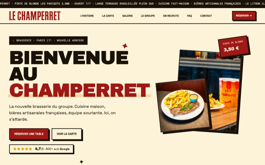 Aperçu du site web de la brasserie Le Champerret à Paris créé par Softbird