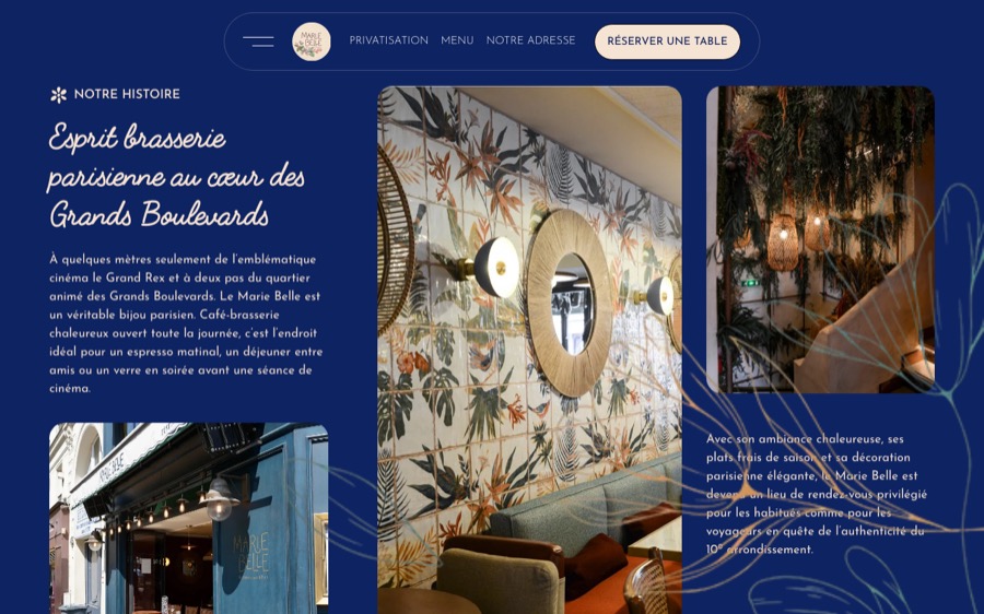 Aperçu du site web du restaurant Marie Belle à Paris créé par Softbird