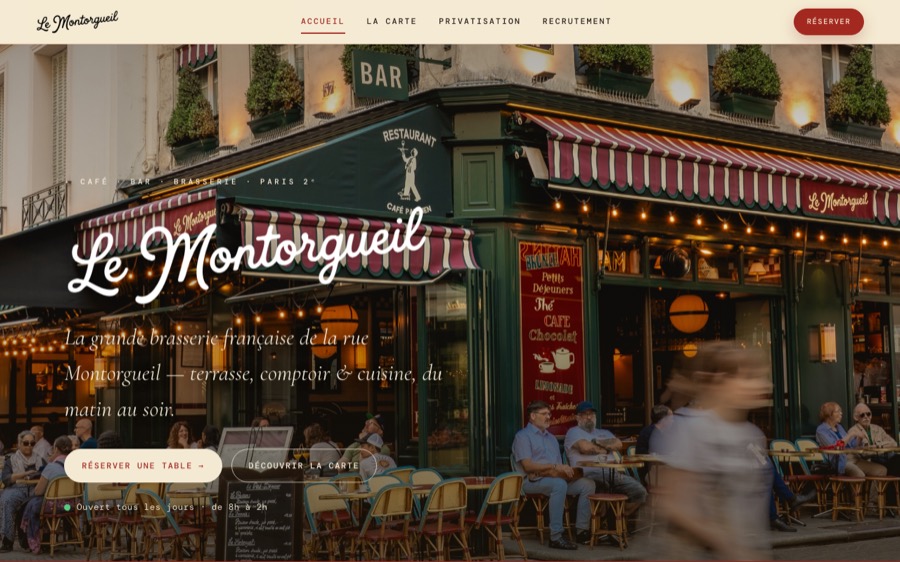 Aperçu du site web de la brasserie Le Montorgueil à Paris créé par Softbird